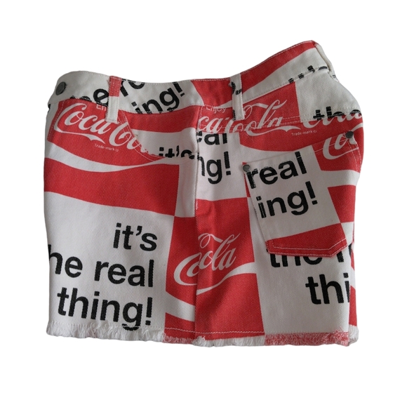 NWOT Coca Cola Small Logo Slogan Check Print Distressed Hem Jean Shorts - Picture 4 of 16